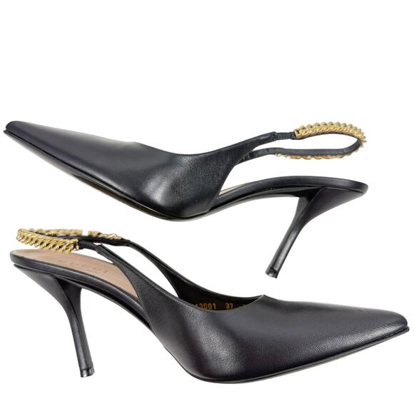 Gucci Signoria Leather Slingback Pointed Toe Pumps Shoes Black Size 37 - Picture 7 of 12